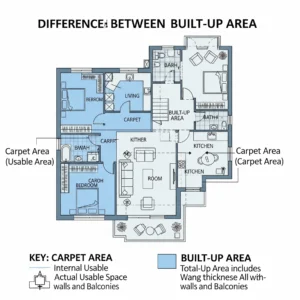Illustration showing the difference between built-up area, carpet area, and super built-up area in a floor plan